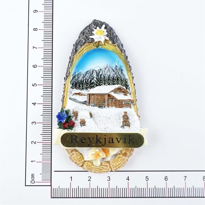 reykjavik iceland winter cabin scene fridge magnet – cozy nordic lodge decor & gift idea