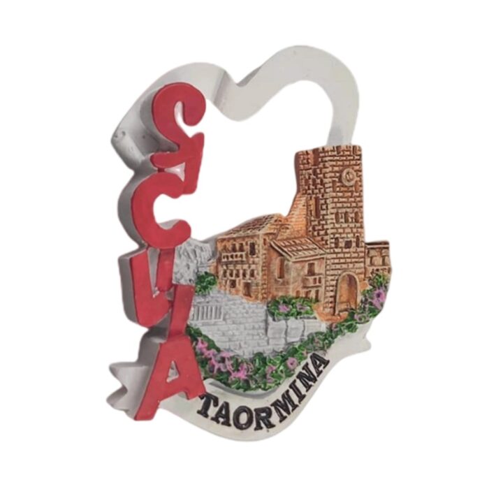 taormina sicily fridge magnet historic italian village souvenir, stone tower travel keepsake