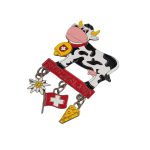 switzerland cartoon cow fridge magnet – fun souvenir gift with dangling charms: cheese, flag, and edelweiss