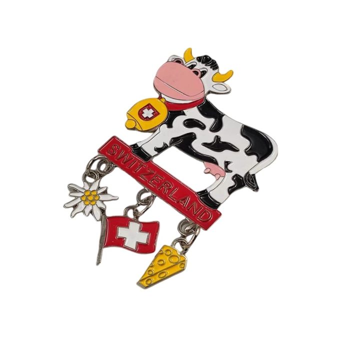 switzerland cartoon cow fridge magnet – fun souvenir gift with dangling charms: cheese, flag, and edelweiss