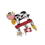 switzerland cartoon cow fridge magnet – fun souvenir gift with dangling charms: cheese, flag, and edelweiss