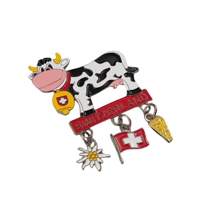 switzerland cartoon cow fridge magnet – fun souvenir gift with dangling charms: cheese, flag, and edelweiss