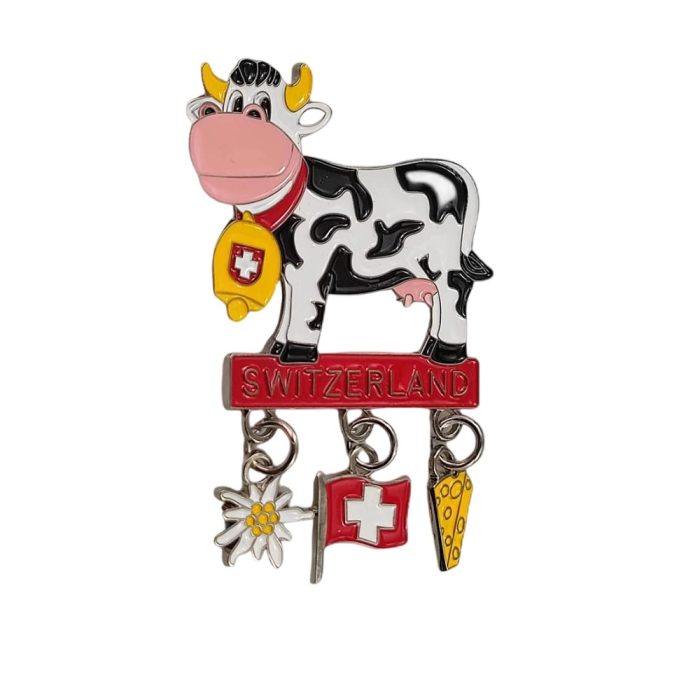 switzerland cartoon cow fridge magnet – fun souvenir gift with dangling charms: cheese, flag, and edelweiss