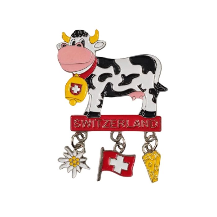 switzerland cartoon cow fridge magnet – fun souvenir gift with dangling charms: cheese, flag, and edelweiss