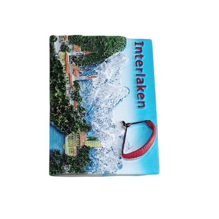 interlaken switzerland paragliding fridge magnet – adventure travel souvenir with snowy alps & scenic town