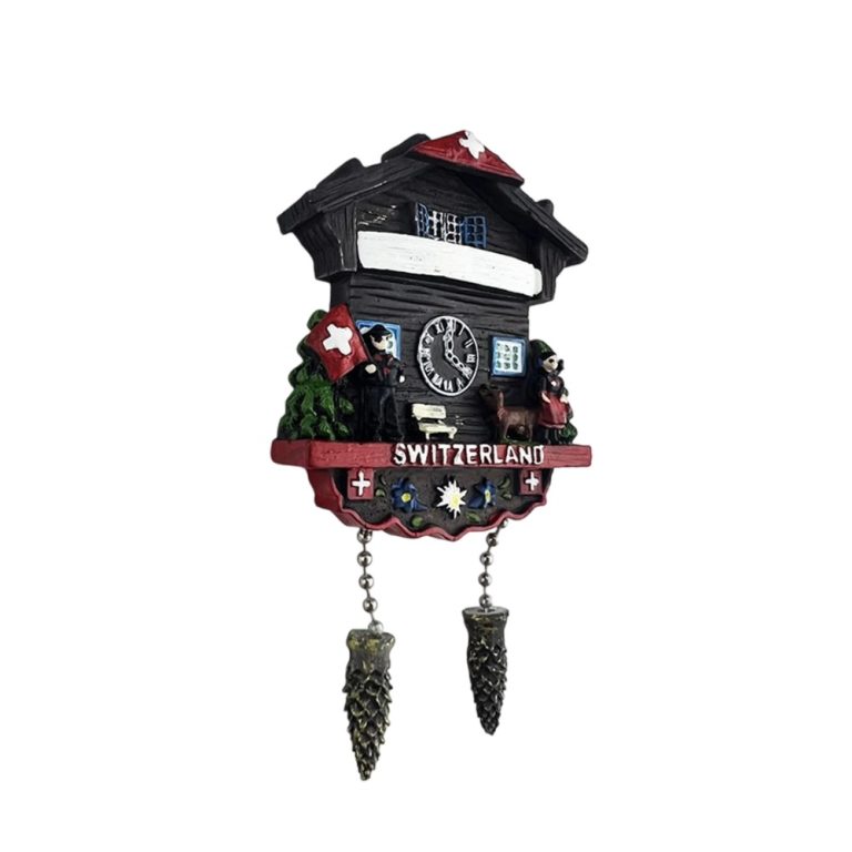 switzerland wooden cuckoo clock fridge magnet – alpine chalet design with moving pinecones for swiss lovers