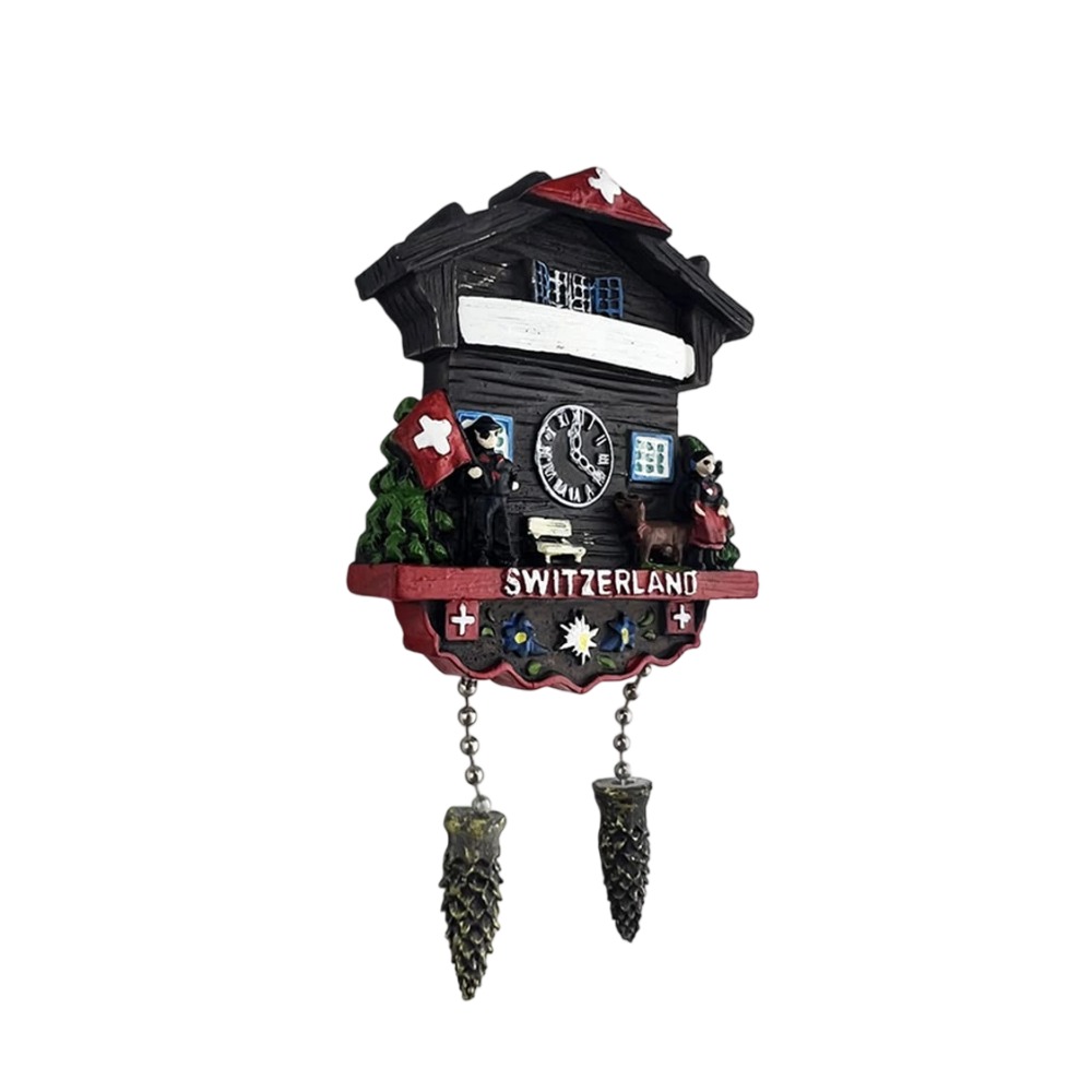 switzerland wooden cuckoo clock fridge magnet – alpine chalet design with moving pinecones for swiss lovers