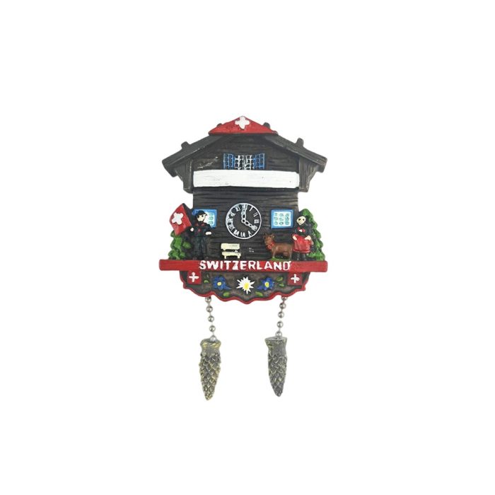 switzerland wooden cuckoo clock fridge magnet – alpine chalet design with moving pinecones for swiss lovers