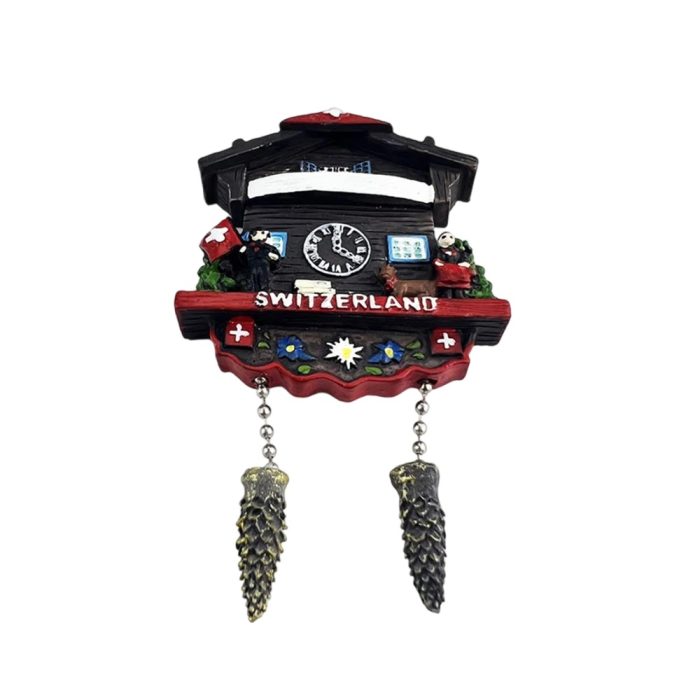 switzerland wooden cuckoo clock fridge magnet – alpine chalet design with moving pinecones for swiss lovers