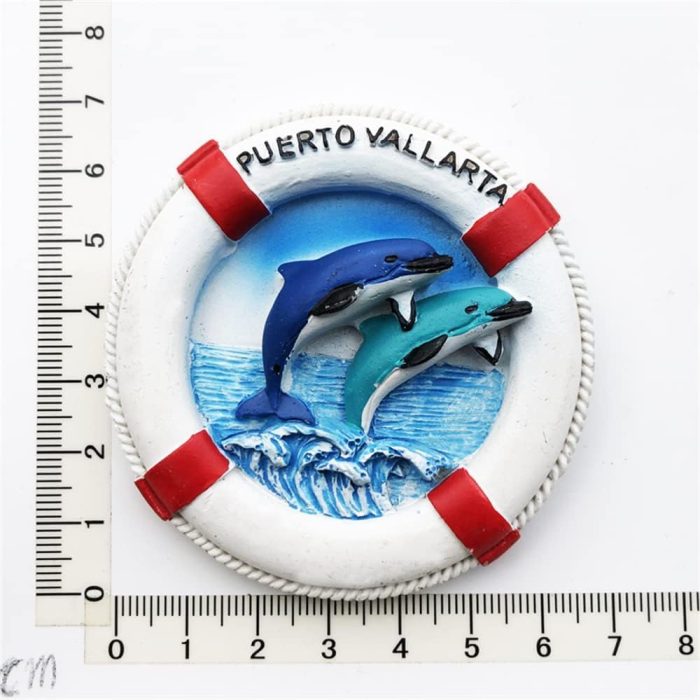 fridge magnets mexico puerto vallarta dolphin souvenir, round lifesaver design with ocean waves, travel gift & home decor​​