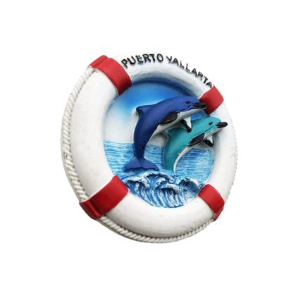 fridge magnets mexico puerto vallarta dolphin souvenir, round lifesaver design with ocean waves, travel gift & home decor​​