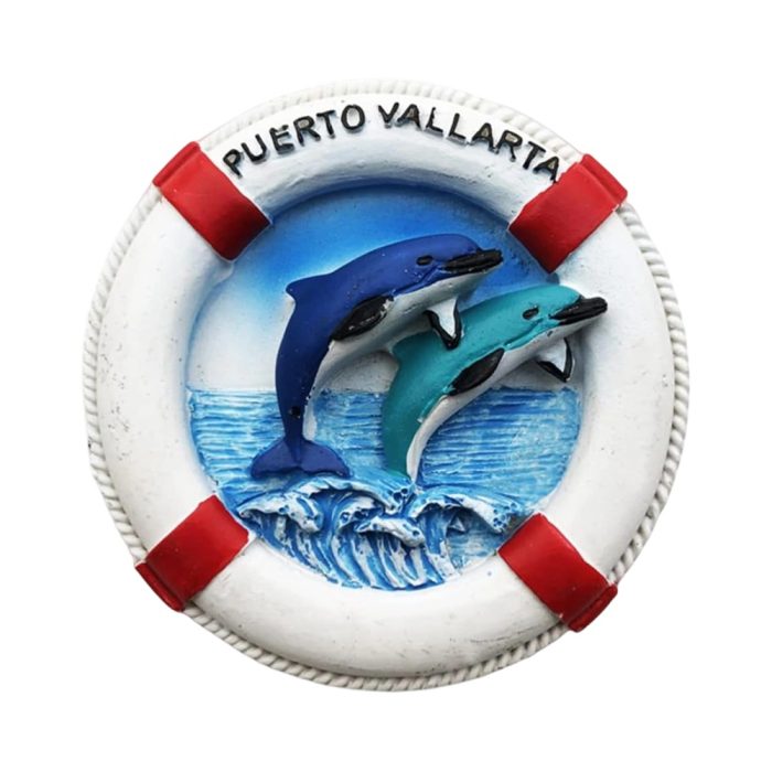 fridge magnets mexico puerto vallarta dolphin souvenir, round lifesaver design with ocean waves, travel gift & home decor​​