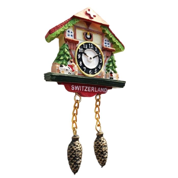 colorful swiss cuckoo clock fridge magnet – charming pinecone pendulum souvenir from switzerland