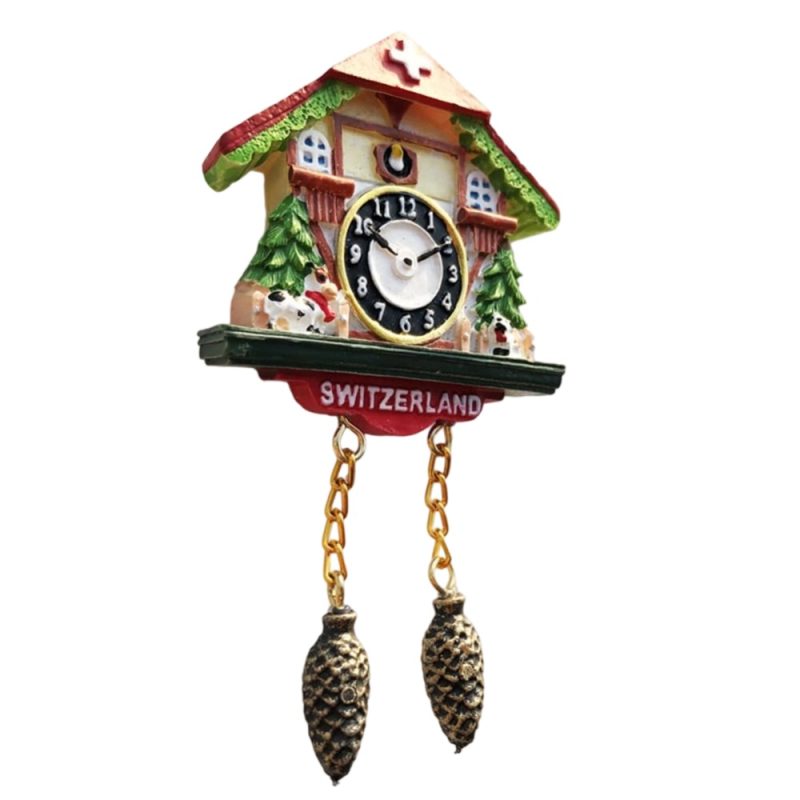 colorful swiss cuckoo clock fridge magnet – charming pinecone pendulum souvenir from switzerland