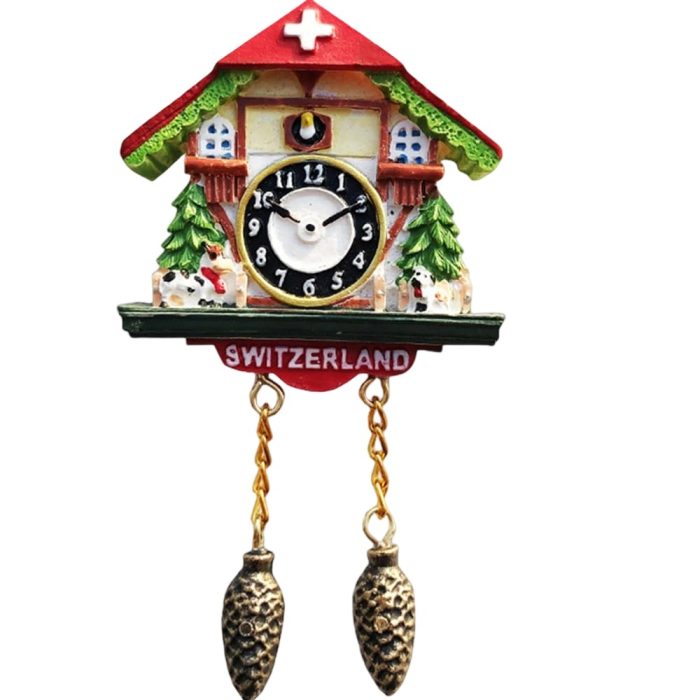 colorful swiss cuckoo clock fridge magnet – charming pinecone pendulum souvenir from switzerland