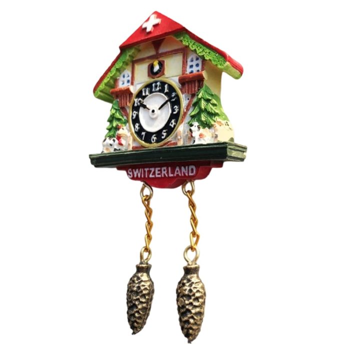 colorful swiss cuckoo clock fridge magnet – charming pinecone pendulum souvenir from switzerland