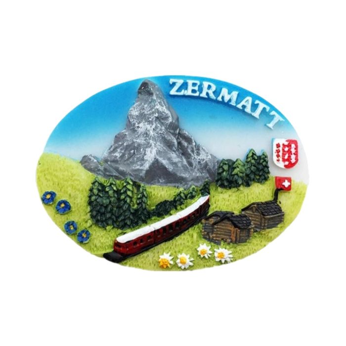 zermatt switzerland fridge magnet – matterhorn mountain train scene travel souvenir & alpine cabin decor