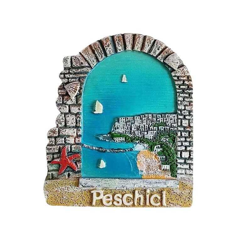 peschici italy fridge magnet – sea view from stone window frame with cliff houses – adriatic coastal town gift & scenic decor piece