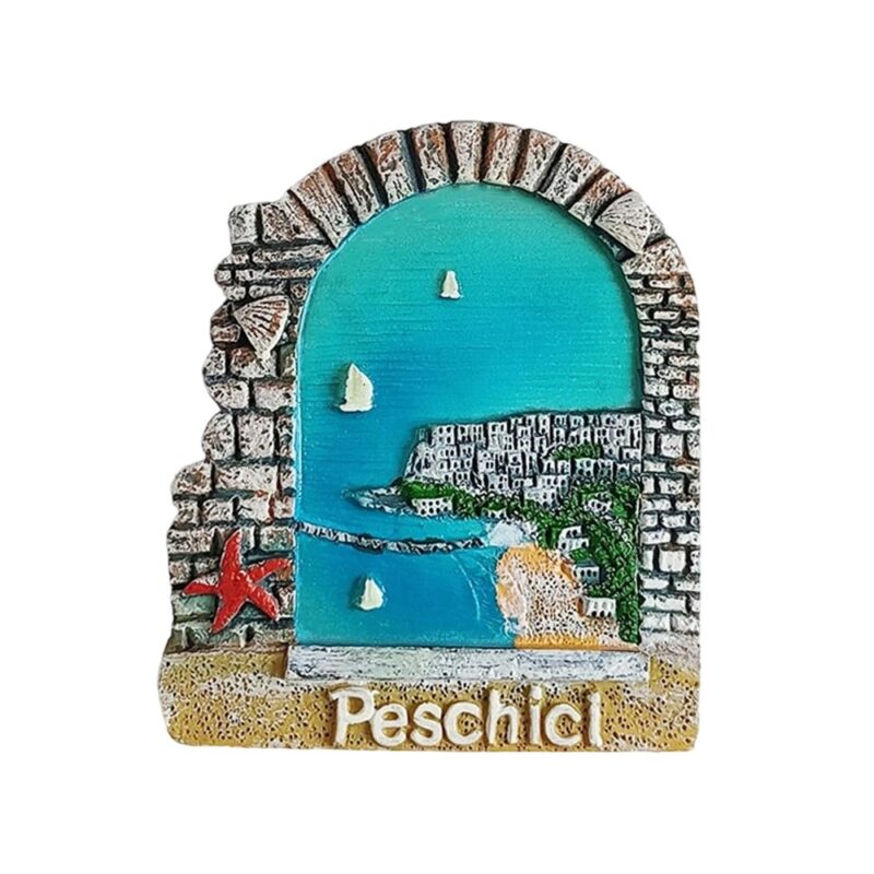 peschici italy fridge magnet – sea view from stone window frame with cliff houses – adriatic coastal town gift & scenic decor piece
