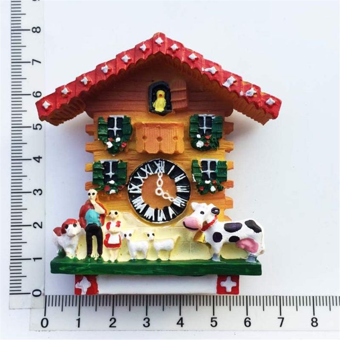swiss farmhouse cuckoo clock fridge magnet – cow & farmer themed switzerland souvenir for home decoration
