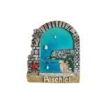 peschici italy fridge magnet – sea view from stone window frame with cliff houses – adriatic coastal town gift & scenic decor piece