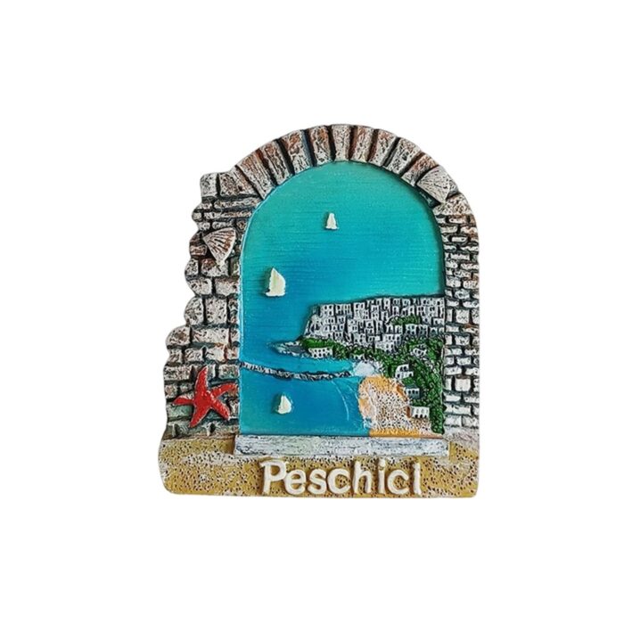 peschici italy fridge magnet – sea view from stone window frame with cliff houses – adriatic coastal town gift & scenic decor piece