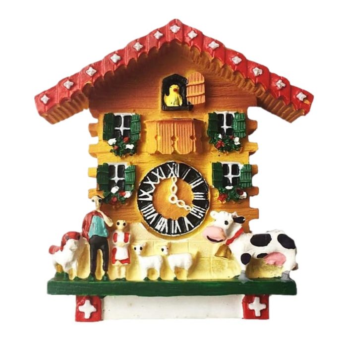 swiss farmhouse cuckoo clock fridge magnet – cow & farmer themed switzerland souvenir for home decoration
