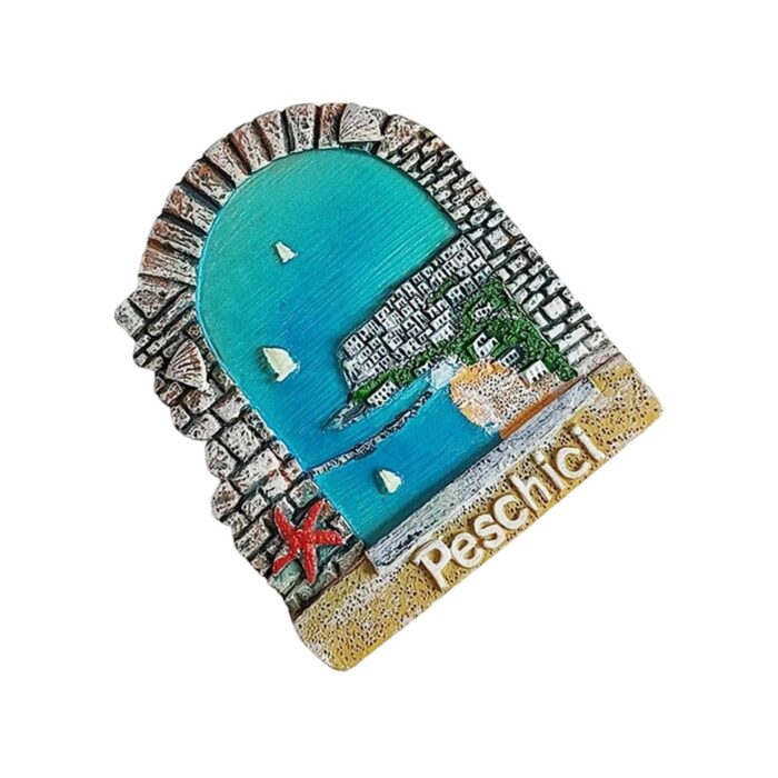 peschici italy fridge magnet – sea view from stone window frame with cliff houses – adriatic coastal town gift & scenic decor piece