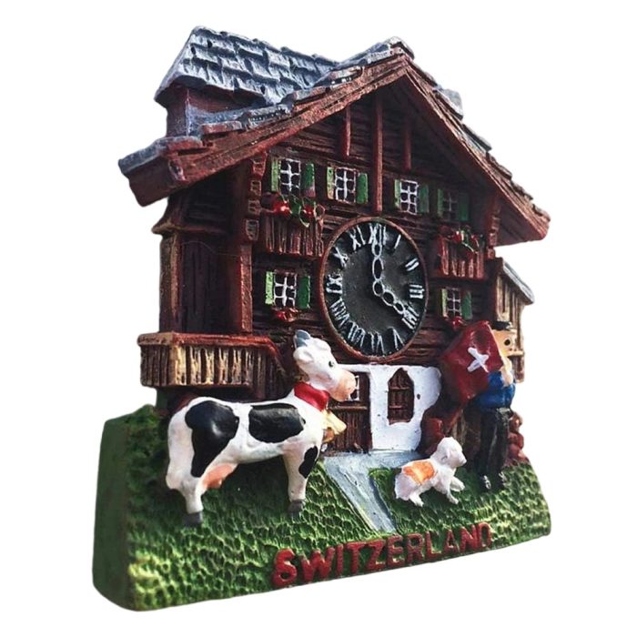 swiss farmhouse fridge magnet – traditional chalet with cows and clock scene souvenir from switzerland