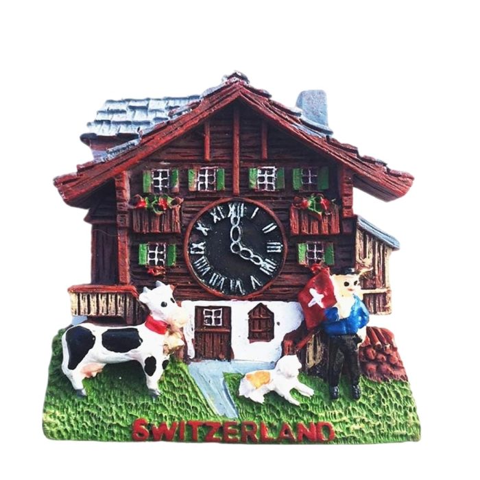 swiss farmhouse fridge magnet – traditional chalet with cows and clock scene souvenir from switzerland