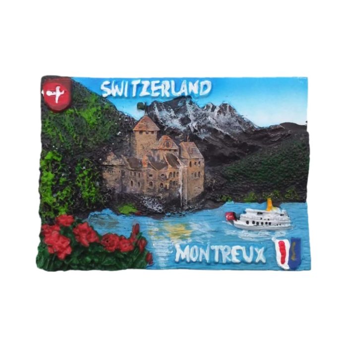 montreux switzerland castle fridge magnet – lake view travel souvenir gift with swiss alps background