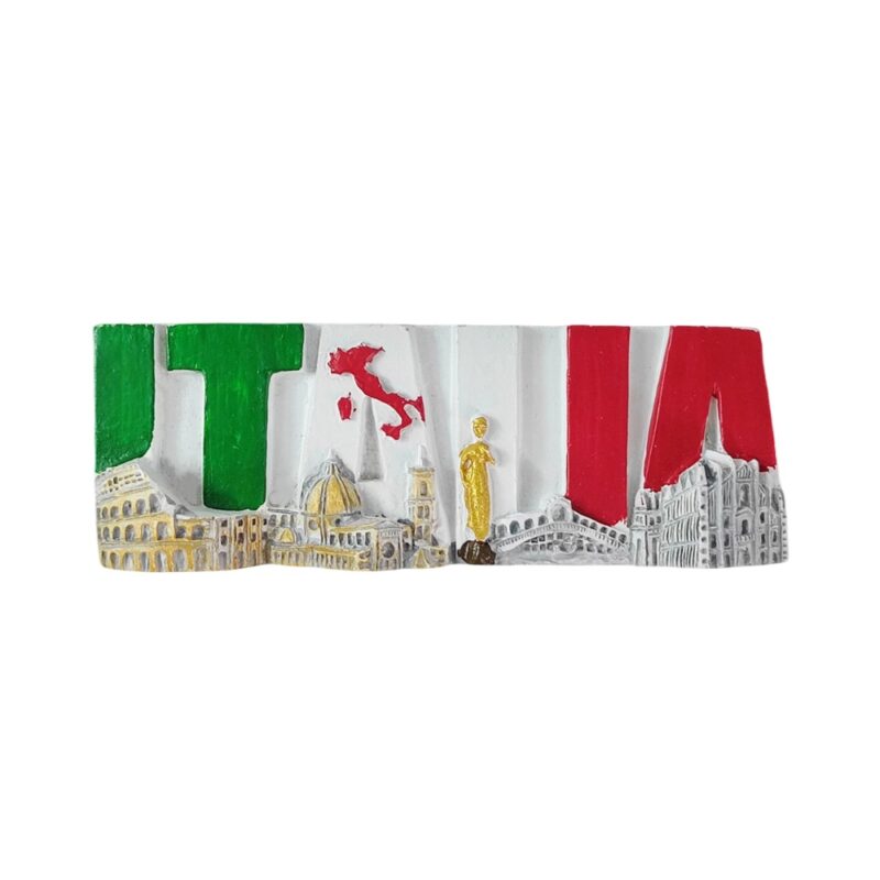 italia letters fridge magnet map & monuments with tricolor flag – italy travel gift & retro decor accent
