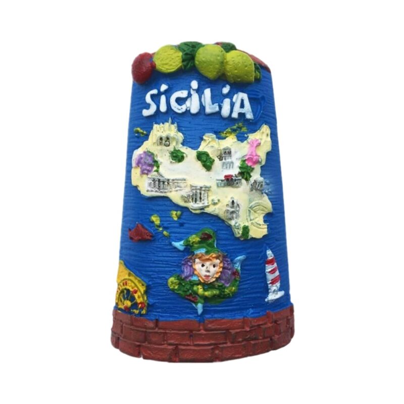 sicilia italy fridge magnet – island map design with local landmarks & fruits – colorful culture souvenir & mediterranean decor accent