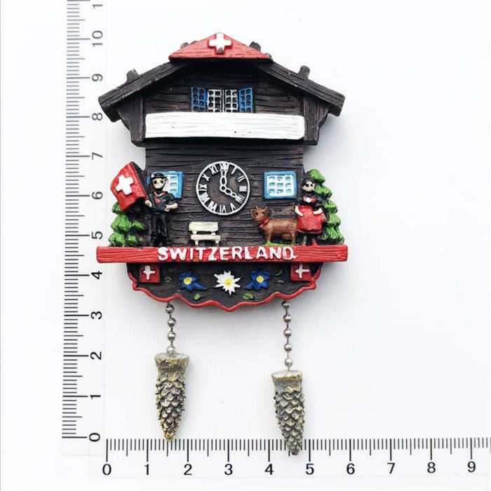 traditional swiss chalet fridge magnet – switzerland cuckoo clock style with pinecones for rustic home decor