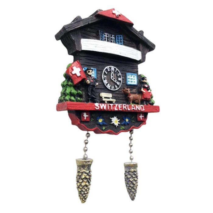 traditional swiss chalet fridge magnet – switzerland cuckoo clock style with pinecones for rustic home decor