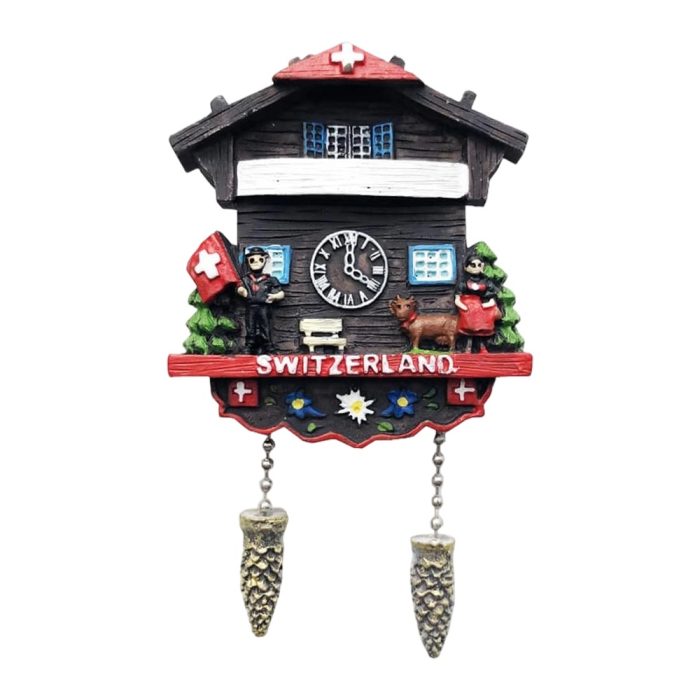 traditional swiss chalet fridge magnet – switzerland cuckoo clock style with pinecones for rustic home decor