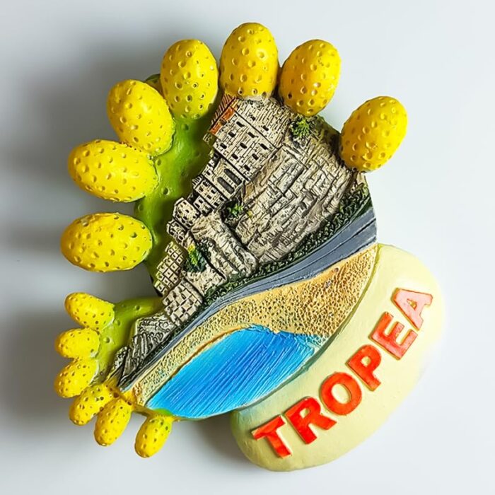 tropea italy fridge magnet prickly pear coastal scene souvenir, colorful calabrian landmark decor