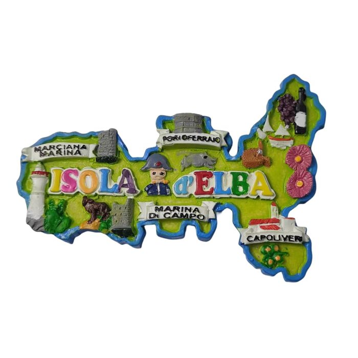 isola d’elba italy fridge magnet island map with landmarks, colorful travel memory for fridge