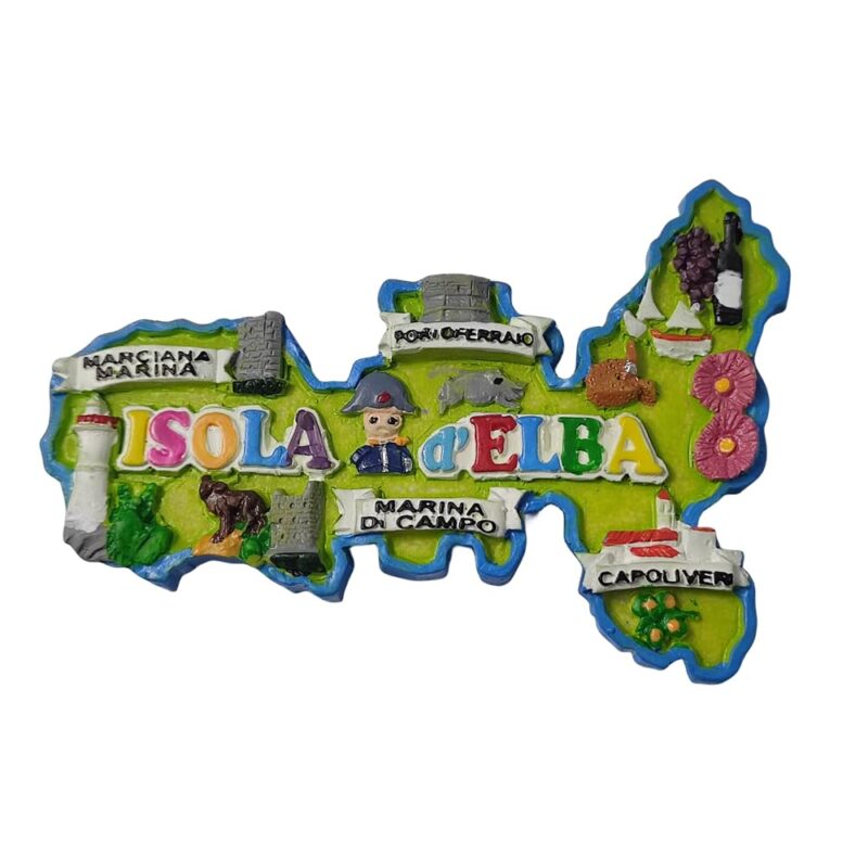 isola d’elba italy fridge magnet island map with landmarks, colorful travel memory for fridge