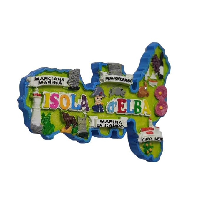 isola d’elba italy fridge magnet island map with landmarks, colorful travel memory for fridge