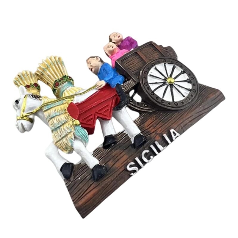 sicilia italy fridge magnet – traditional sicilian cart design with family and wheat – ethnic heritage gift & refrigerator ornament