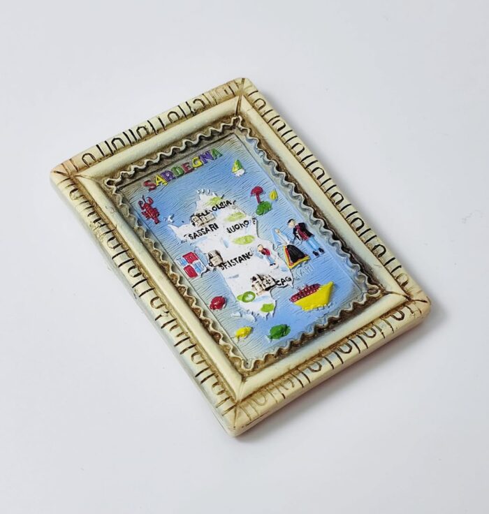 sardegna italy fridge magnet framed island map with mini icons, cultural souvenir & gift idea
