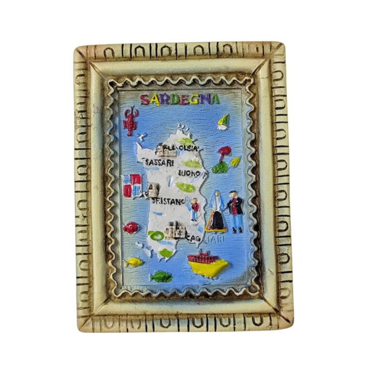 sardegna italy fridge magnet framed island map with mini icons, cultural souvenir & gift idea