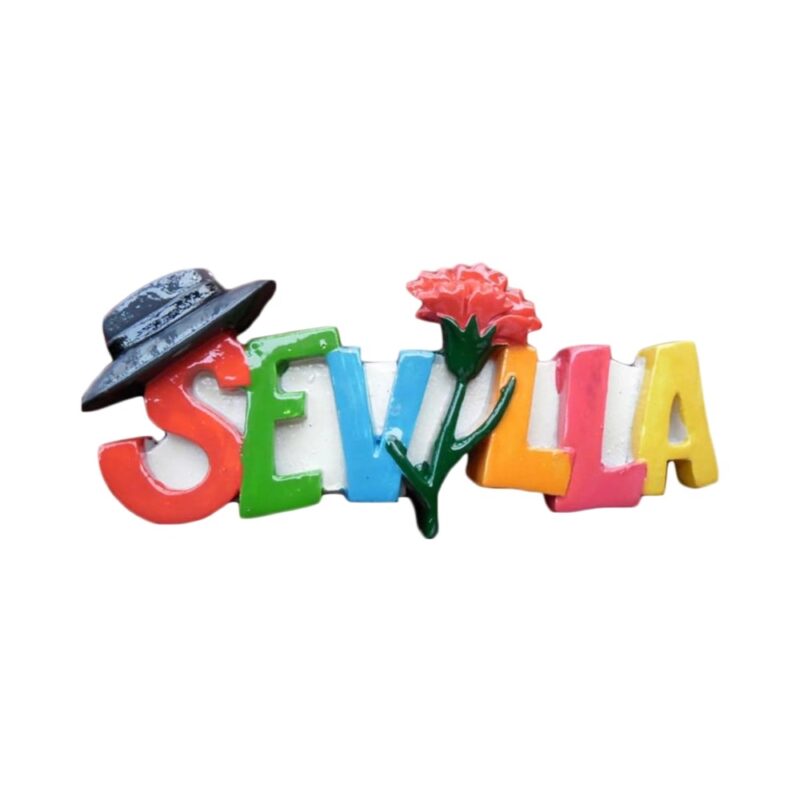 sevilla spain fridge magnet colorful spanish lettering with hat & flower accent for fridge decor