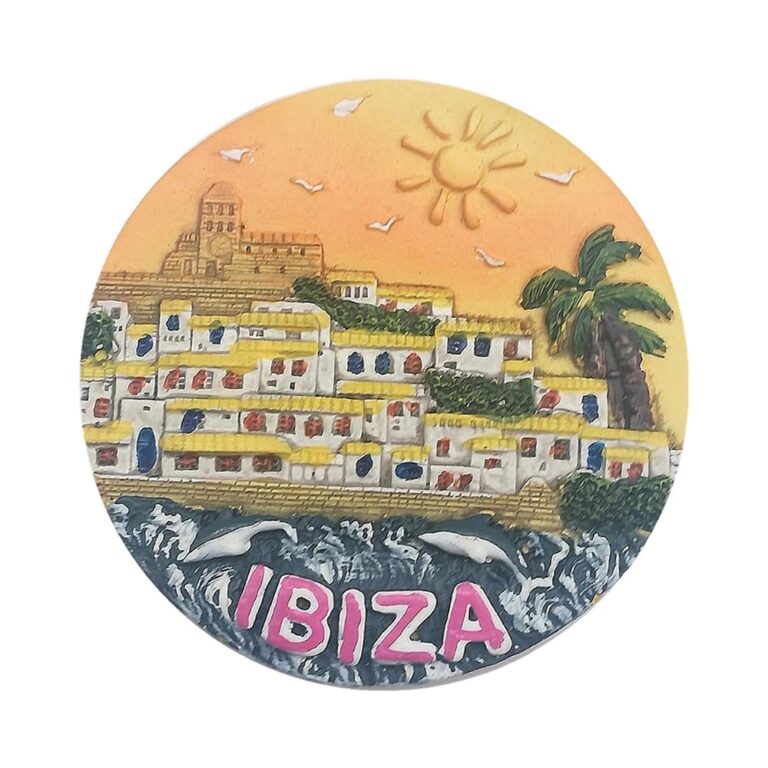 ibiza sunset spain fridge magnet coastal town souvenir with dolphins & vacation vibe display