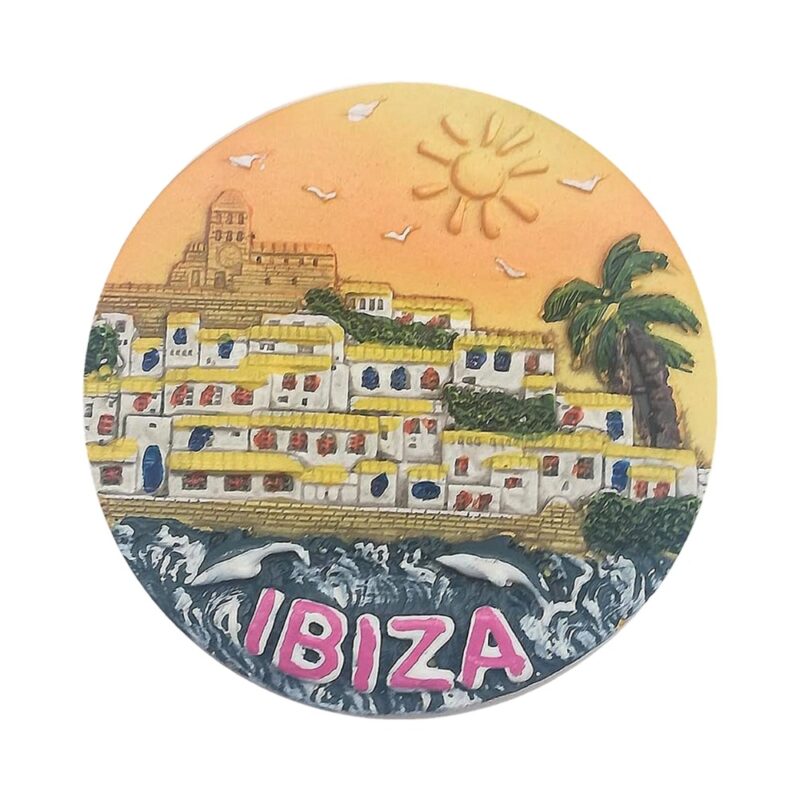 ibiza sunset spain fridge magnet coastal town souvenir with dolphins & vacation vibe display
