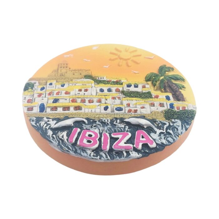 ibiza sunset spain fridge magnet coastal town souvenir with dolphins & vacation vibe display
