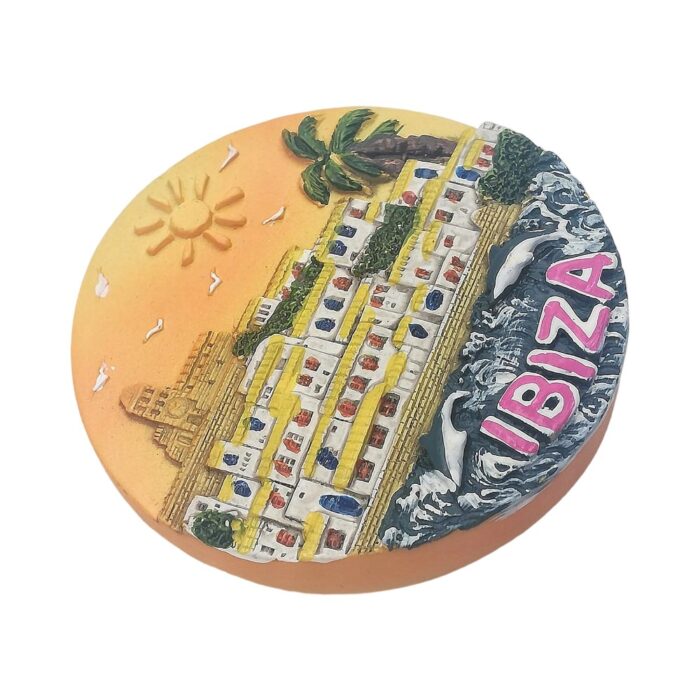 ibiza sunset spain fridge magnet coastal town souvenir with dolphins & vacation vibe display