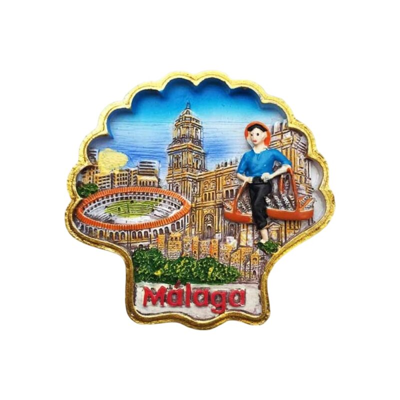 malaga spain fridge magnet – shell shape andalusian travel souvenir & colorful kitchen decoration