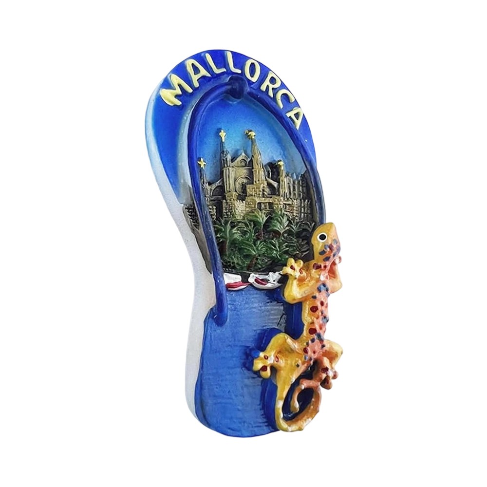 mallorca spain fridge magnet – sandal flip flop shape with cathedral view, beachy travel souvenir & locker decor